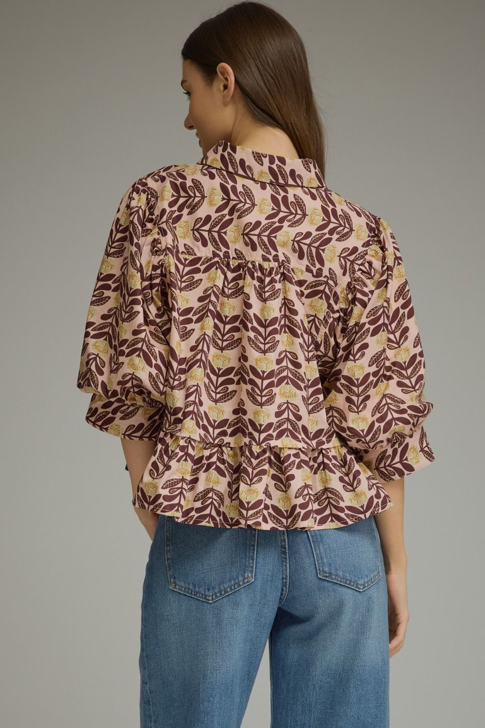 Printed Ruffle Hem Puff Sleeve Top