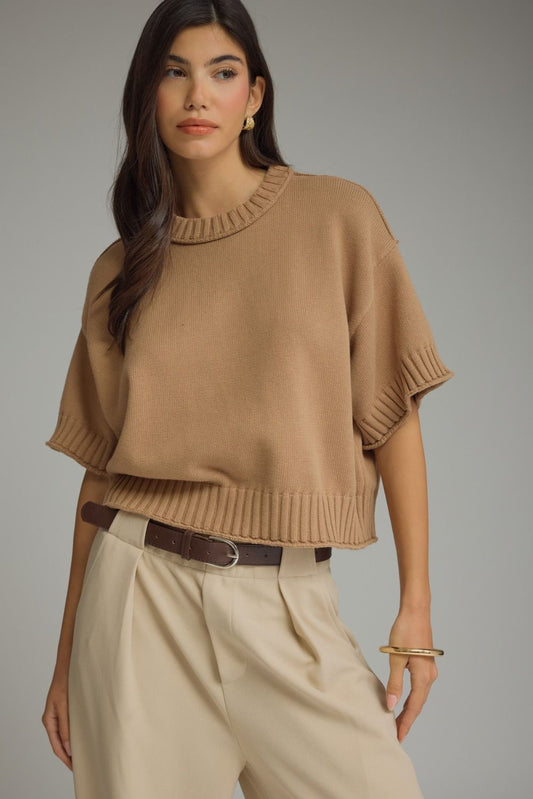 Camel Ribbed Trim Detail Sweater