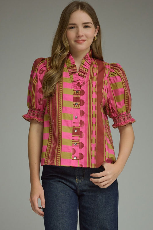 Mixed Print Ruffle Neck Puff Sleeve Top