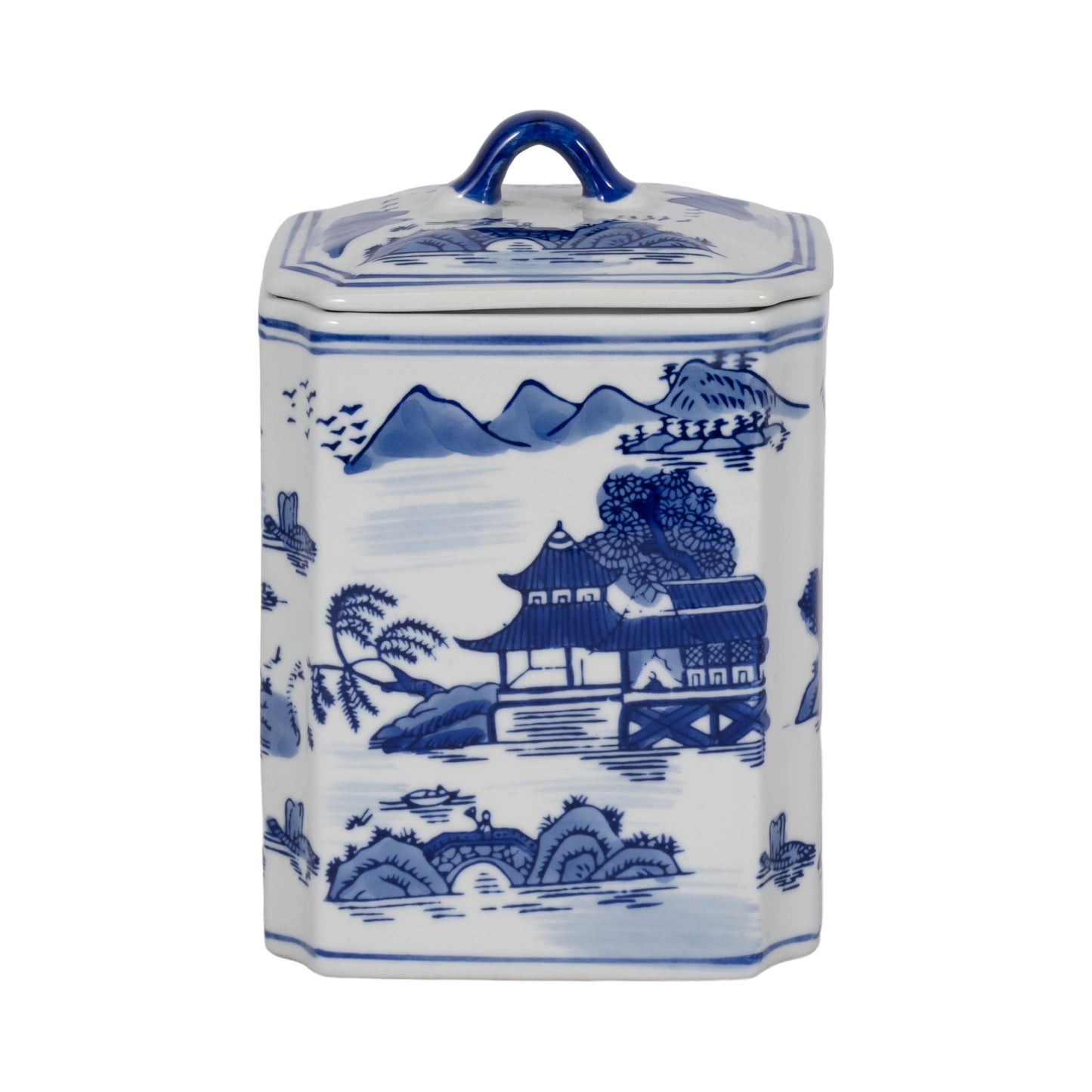 Lidded Blue Ceramic Rectangular Decorative Jar