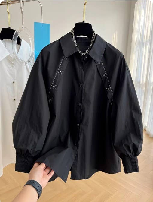 Black Stitching Long Sleeve Button Up