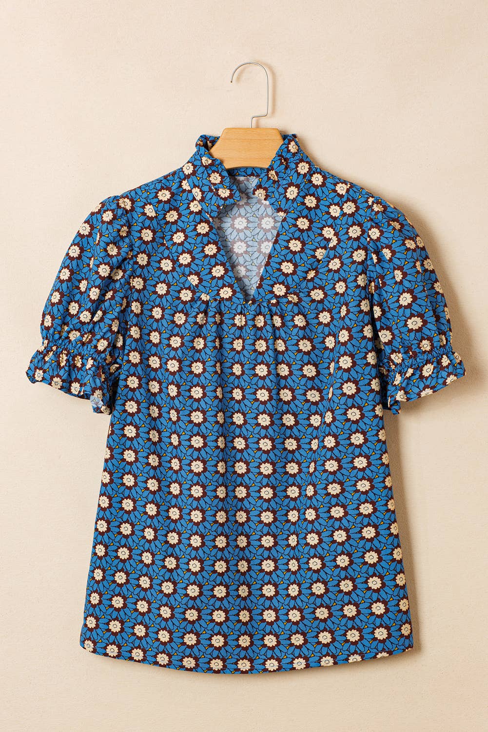 LDC Retro Floral V Neck Pleated Short Puff Sleeve Blouse