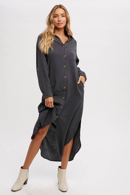 Button Up Maxi Shirt Dress With Pocket
