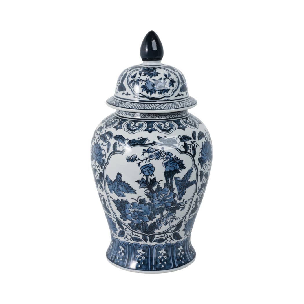 Decorative Jar - Blue Ceramic Flowers Temple Style