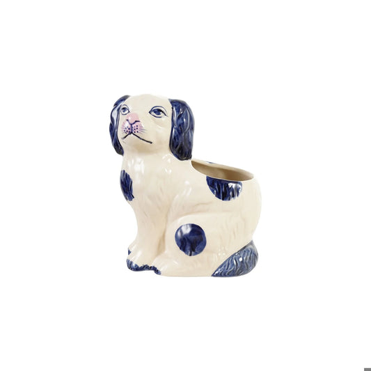 Stoneware Staffordshire Dog Shaped Container, Blue & White