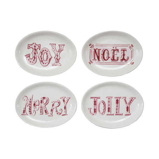Stoneware Plate with Holiday Word, Pink, Red & White, 4 Styles ©