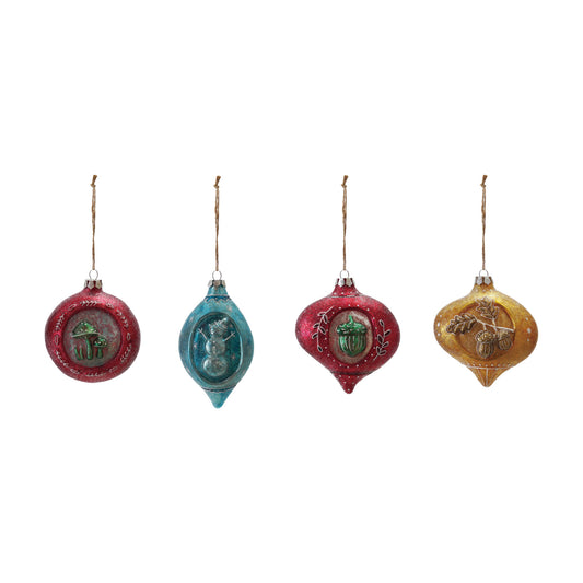 Embossed Glass Ornament with Holiday Design, 4 Styles ©