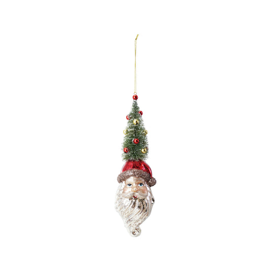 Mercury Glass Santa Head Ornament with Bottle Brush Tree & Glitter
