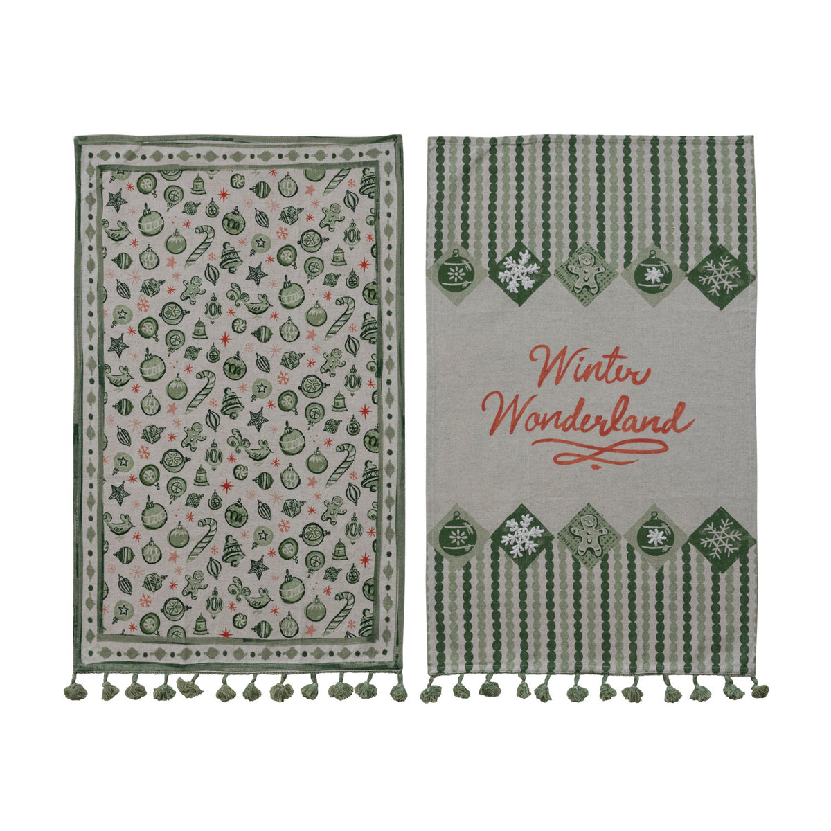 Cotton & Linen Printed Tea Towel with Holiday Pattern/Saying & Tassels, 2 Styles ©